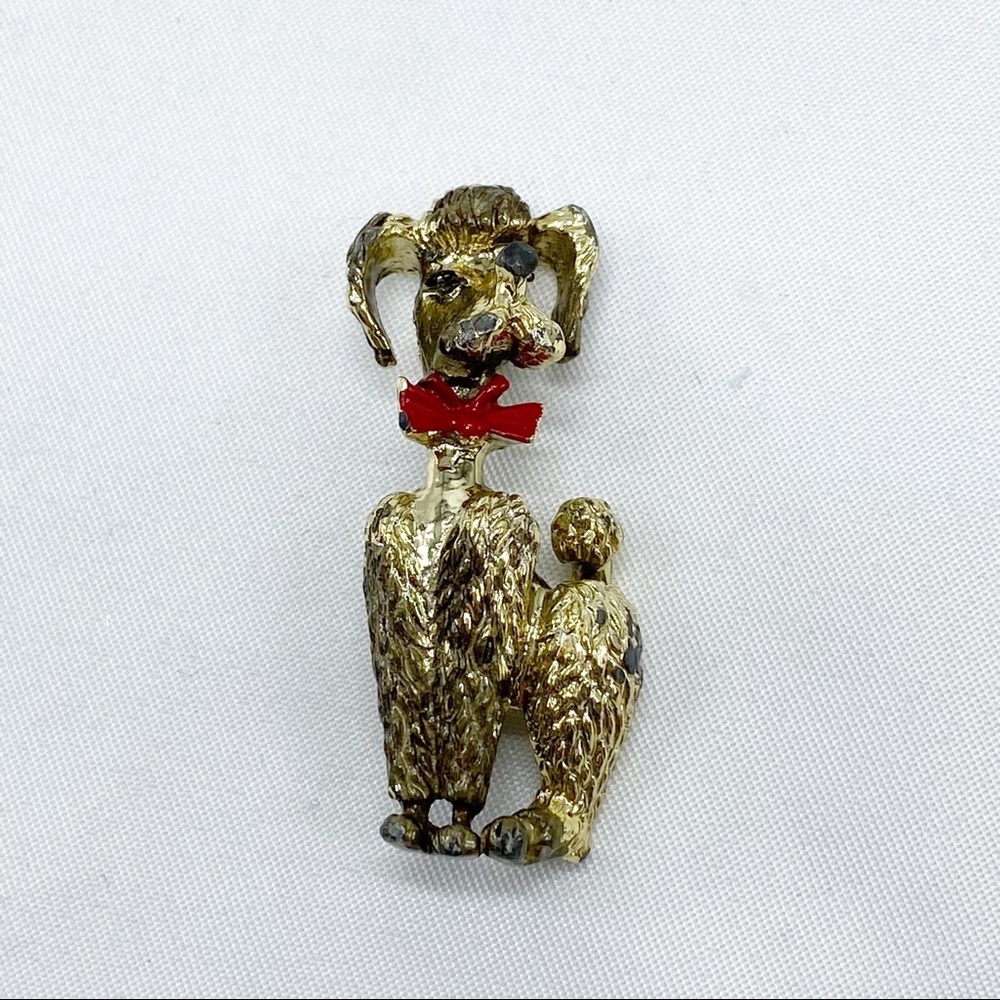 Vintage Gold 3D Poodle Red Bow Brooch Pin
